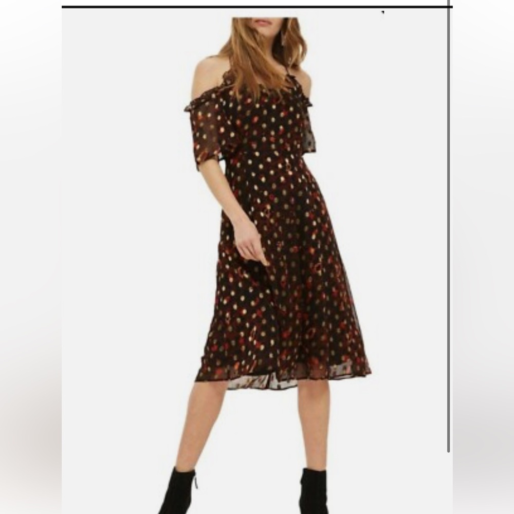 Topshop Leopard Polka Dot Cold Shoulder Casual Dress